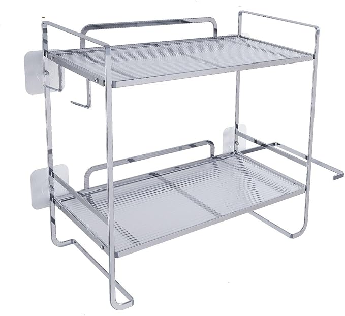 2-Tier Over Toilet Storage Rack, Gold Metal Bathroom Organizer Shelf, Toilet Tank Topper with Side Hooks (White, 2L)-NeatNest