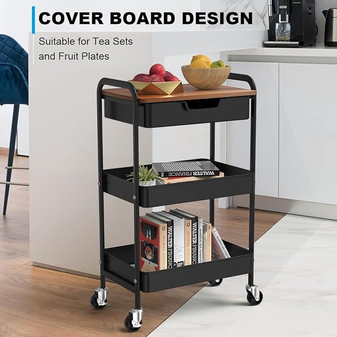 3 Tier Rolling Cart with Drawer, Metal Utility Cart on Wheels Storage Cart with Wood Top, Kitchen Cart Art Cart Organizer for Bathroom Office Balcony Living Room-NeatNest