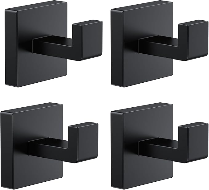 Kruodop 4 PCS Towel Hooks for Bathroom, Wall Mount Towel Holder, Black Matte Wall Robe Hook,Square Stainless Steel Door Hanger Towel Hook for Kitchen, Bedroom,Hotel,Pool,Coats