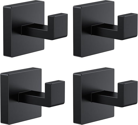 Kruodop 4 PCS Towel Hooks for Bathroom, Wall Mount Towel Holder, Black Matte Wall Robe Hook,Square Stainless Steel Door Hanger Towel Hook for Kitchen, Bedroom,Hotel,Pool,Coats