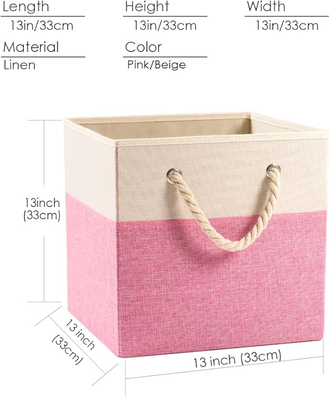 PRANDOM Large Foldable Cube Storage Bins 13x13 inch [4-Pack] Fabric Linen Storage Baskets Cubes Drawer with Cotton Handles Organizer for Shelves Nursery Closet Bedroom Pink-NeatNest