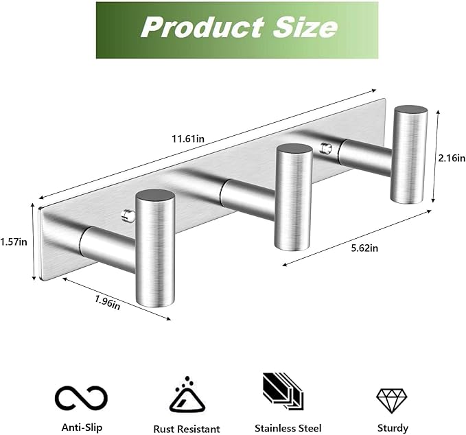 Wall Mounted Coat Rack-3 Hooks, Heavy Duty Stainless Steel Hook Rail for Towel Coat Hat Purse Bag Jacket, Towel Hooks for Entryway Bathroom Kitchen (Silvery 3 Hooks - 1 Pack)-NeatNest
