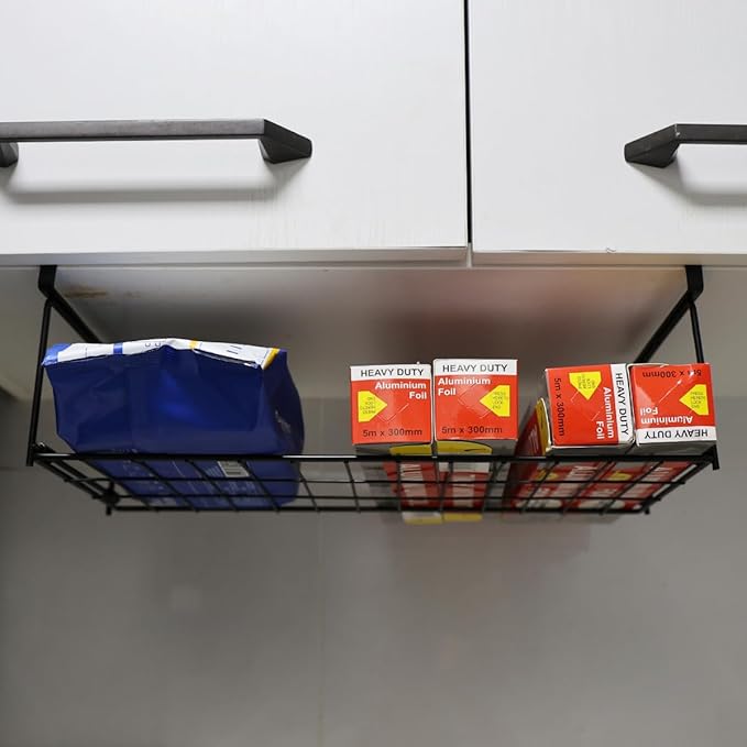 Foil and Plastic Wrap Organizer Kitchen Under Cabinet Desk Pantry Hanging Organizer Storage Foldable Rack (Black)-NeatNest