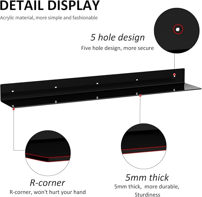 36 Inches Acrylic Long Wall Shelf Set of 2, Black Wall Mounted Acrylic Bathroom Storage Shelves Display Organizer, Floating Shelf for Bottle Oragnizer, Spice, Wine, Toys, Controller, Cup-NeatNest