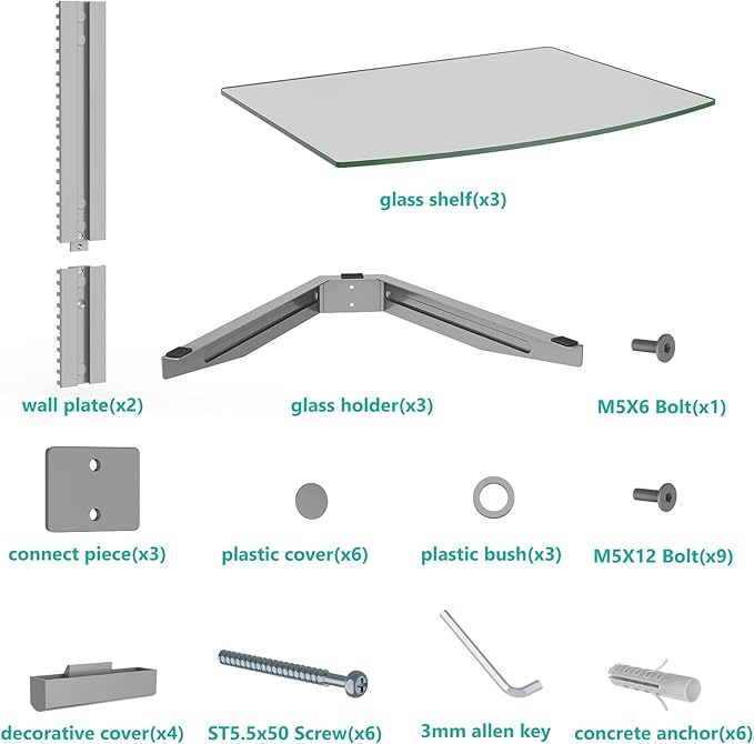 WALI Floating Entertainment Center Shelves, Holds Up to 17.6lbs, TV Shelf with Strengthened Tempered Glasses for DVD Players, Cable Boxes, Games Consoles, TV Accessories (CS303S), 3 Shelf, Silver