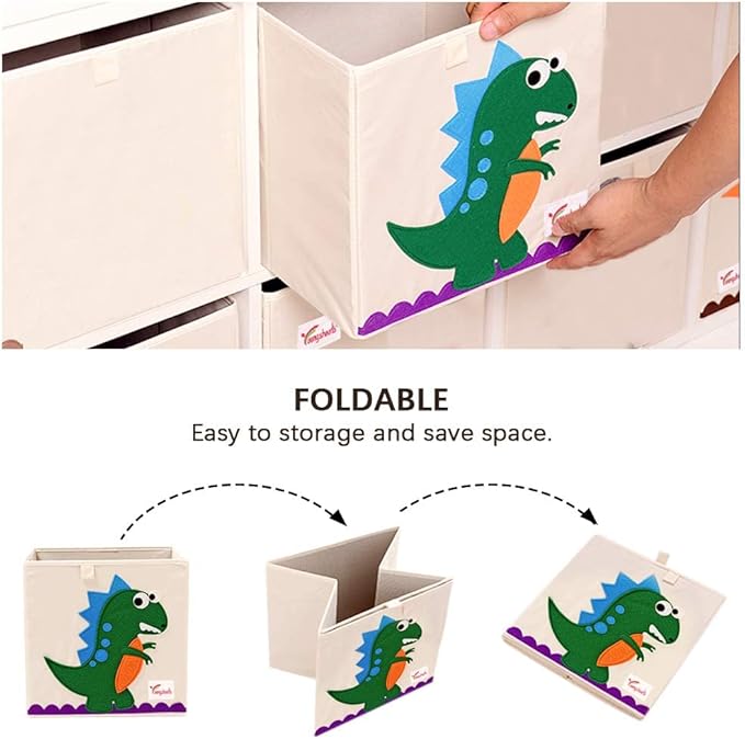 2 Pcs Foldable Animal Toy Storage Box/Bin/Cube, Collapsible Storage Organizer Chest Basket Container for Boys and Girls(13 x 13 x 13 Inch, Dinosaur & Pink Elephant)-NeatNest