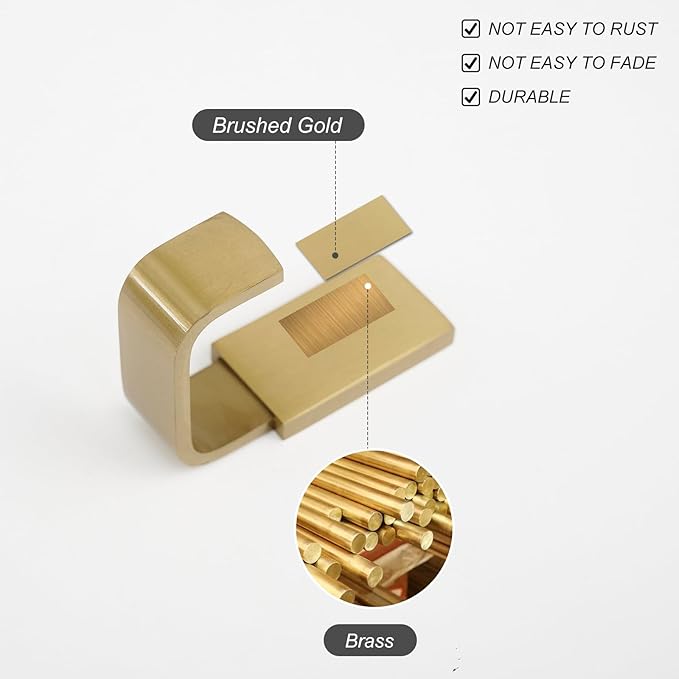 BESy Brass Clothes Hook Single Towel Hook for Bathroom Kitchen Garage Square Style Robe Hooks Coat and Hat Hook, Self Adhesive with Glue or Wall Mounted with Screws, Two Packs, Brushed Gold-NeatNest