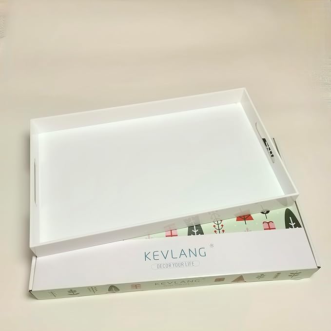 Glossy White Sturdy Acrylic Serving Tray with Handles-12x20 Inch-Serving Coffee Appetizer Breakfast-Kitchen Countertop Makeup Drawer Organizer-Vanity Table Ottoman Decorative Tray-NeatNest
