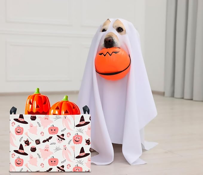 CLOCOR Rectangular Storage Basket Empty, Gift Basket for Halloween, Waterproof Storage Bin with Handles, Room Decor(Pink Bowknot Ghost)-NeatNest