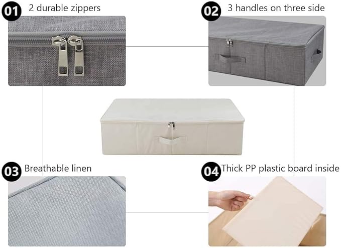3Pcs Collapsible Rigid Underbed Storage Bins, 27.5 * 15.7 * 7", Folding Fabric Storage Boxes for Clothing, Blankets, Shoes in Closet, Wardrobe, Beige-NeatNest