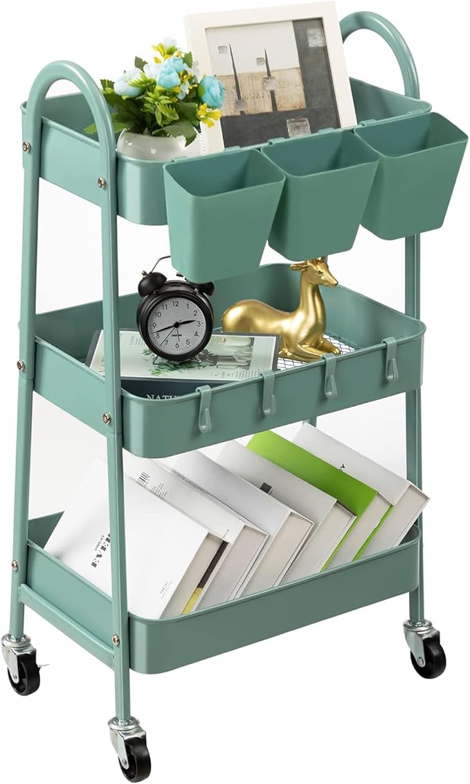 danpinera 3-Tier Rolling Cart, Metal Rolling Storage Cart with Lockable Wheels & Hanging Cups & Hooks, Mobile Trolley for Kitchen, Bathroom, Office, Workshop, Green-NeatNest
