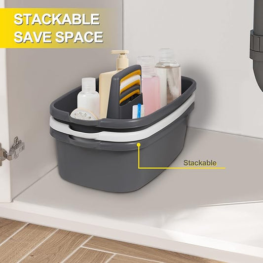 Cleaning Supplies Caddy Organizer with Handle Plastic Tool Storage Basket for bathroom, Kitchen, Under Sink,2 Pack with 2Pack Microfiber Cleaning Cloths,Gray-NeatNest