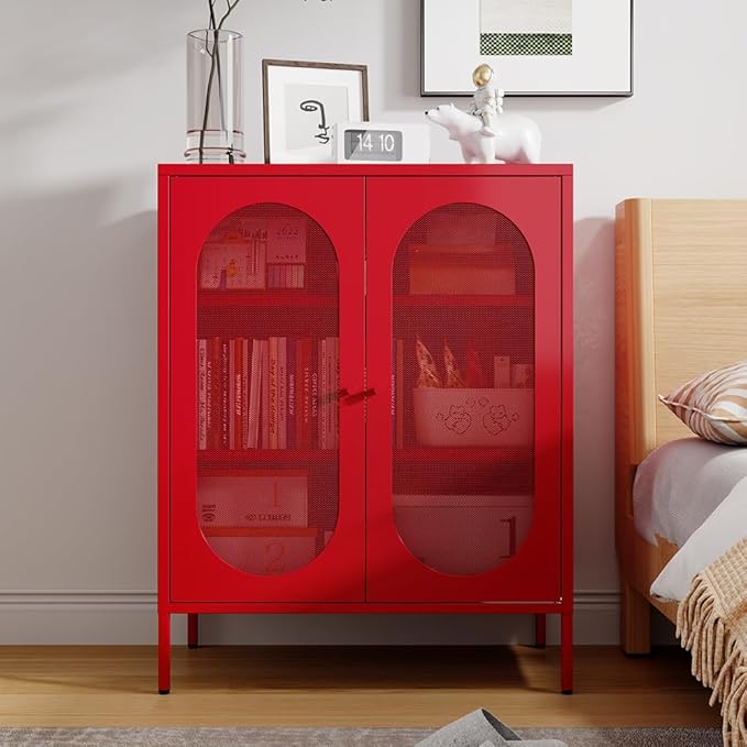 2 Doors Locker Metal Storage Cabinet, Storage Cabinet with Legs, Buffet Cabinet with Adjustable Shelves for Home, Office, Entryway and Hallway(Mesh Door Cabinet, Red)