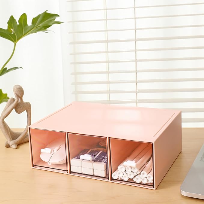 Plastic 3 Drawer Organizer for Cosmetic Storage, Desk Organizer, Makeup Organizer for nail polish, Lipstick, Brushes, Jewelry, Skincare, Bathroom Organization Boxes - Pink-NeatNest