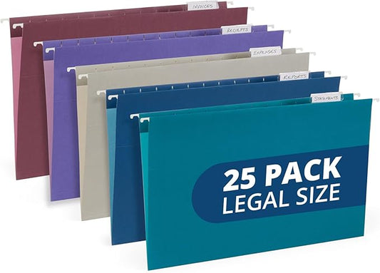 25 Blue Summit Supplies Colored Hanging File Folders Legal Size, Assorted Jewel Tone Colors, Legal Size Hanging File Folders for Filing Cabinet with Plastic Tabs and Inserts, Durable 11pt Paper