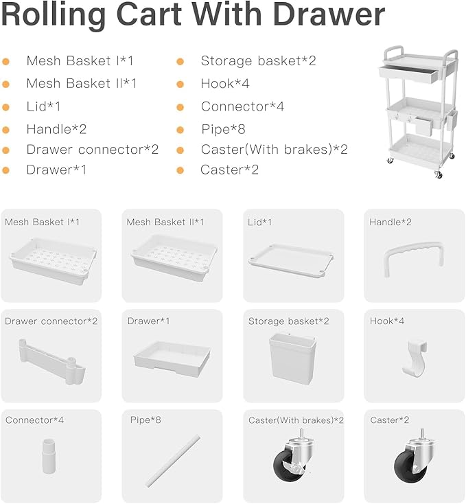 3 Tier Rolling Cart Organizer,Laundry Room Bathroom Organizers and Storage Office Shelves Mobile Shelving Unit Kitchen Trolley Cart with Wheels for Art,Craft,Diaper,Bedside,Snack(White)-NeatNest