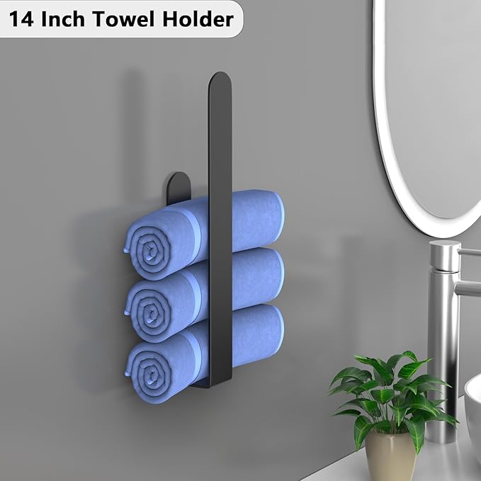 HUFEEOH Adhesive Hand Towel Holder, 8 Inch Sticky Towel and 14 Inch Bar Towel Holder Wall Mounted, Stainless Steel Kitchen Towel Holder Hand Towel Rack for Bahtroom Hotel RV Kitchen (Black 8"&14”)