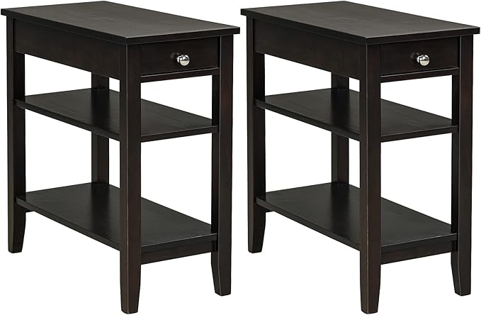 Giantex Set of 2 End Table with Drawer, Narrow Side Table with 2-Tier Open Storage Shelves, Slim Compact Bedside Nightstand for Living Room Bedroom Small Space, Espresso
