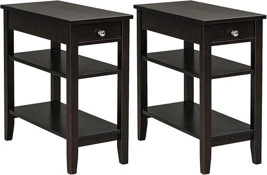 Giantex Set of 2 End Table with Drawer, Narrow Side Table with 2-Tier Open Storage Shelves, Slim Compact Bedside Nightstand for Living Room Bedroom Small Space, Espresso