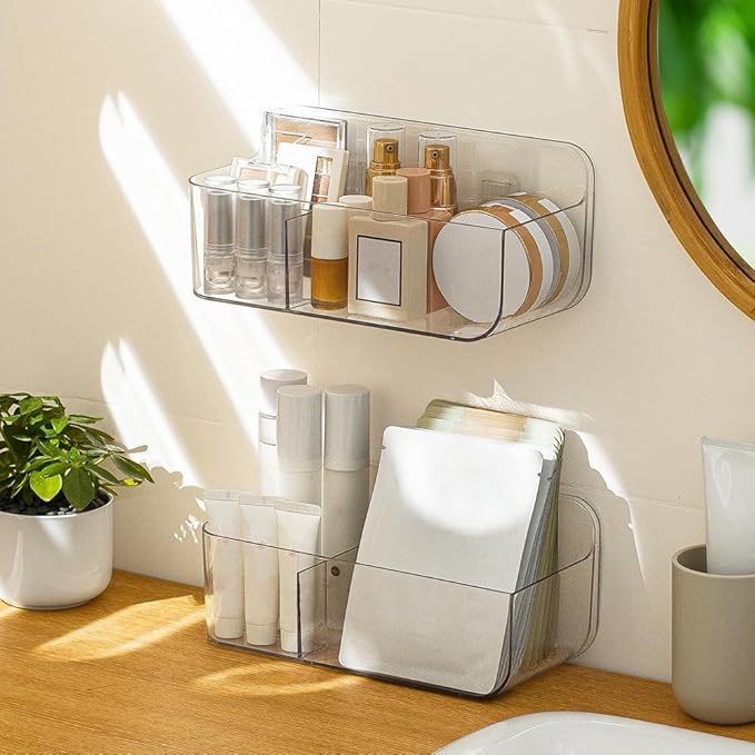 Poeland 2 Pack Wall Mount Storage Organizer, Clear Storage Box Holder Basket with 3 Compartments No Drilling Hang Walls/Doors for Kitchen, Cabinet, Bathroom, Bedroom, Office-NeatNest