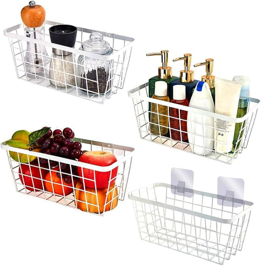 LeleCAT White Hanging Kitchen Baskets For Storage Adhesive Sturdy Small Wire Storage Baskets No Drilling Wall Mounted Kitchen Food Pantry Bathroom Shelf Storage, 4 PACK,White-NeatNest