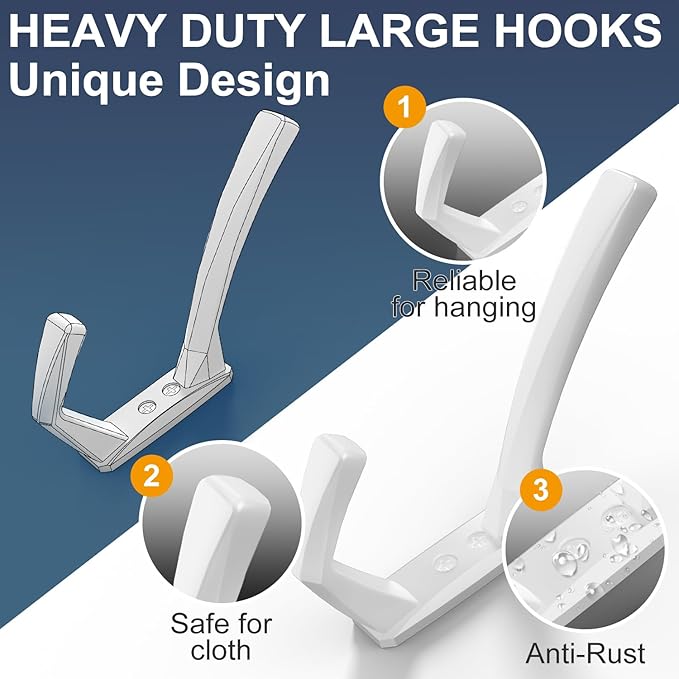 Heavy Duty Wall Hooks, 5.7 Inch Large Coat Hooks, 6 Packs Towel Hooks for Hanging in Bathroom, Bedroom, Entryway, Kitchen, etc (White, 4 Pack)
