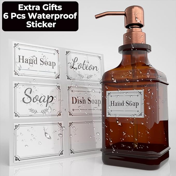 GLADPURE Soap Dispenser 2 Pack, Hand Soap Dispensers with 18 Oz Antique Design Thick Amber Glass Bottle, 316 Rust Proof Stainless Steel Pump, 6Pcs Stickers, for Lotion, Soap - Brushed Copper-NeatNest