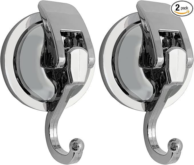 Heavy Duty Suction Cup Hooks for Shower, Bathroom Robe - Vacuum Glass Hooks, Reusable, No Hole Punched, for Garland Decoration (Silver, 2 Pack)