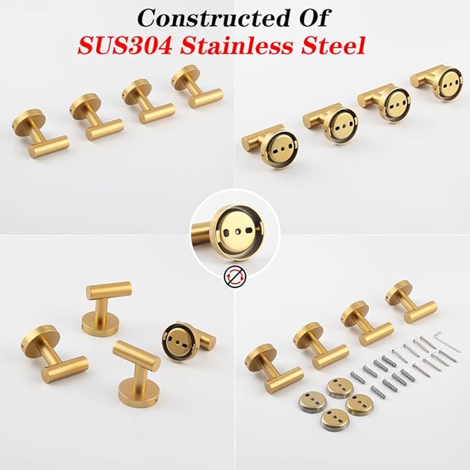 GERZWY Gold Stainless Steel Towel Hook Wall Mounted Robe Hook Heavy Duty Coat Hook Luxury Hooks for Bathroom Hotel 4 Pack AG1307B-BE