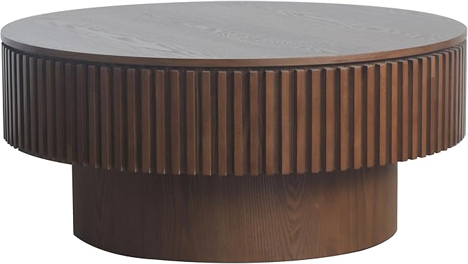kevinplus 31.5'' Round Coffee Table with Storage Space, Modern Wood Circle Fluted Drum Pedestal Coffee Table for Living Room, Easy Assembly, Walnut (ø31.49'' x 14'')