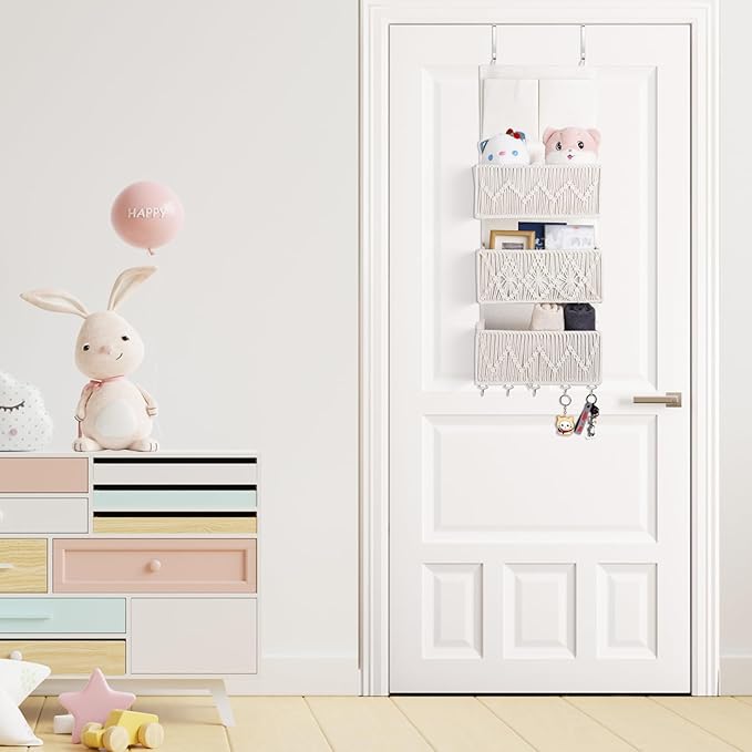 ANTIS'S HOME Over The Door Organizer Boho Bedroom Decor Nursery Storage with 3 Large Woven Pockets, Macrame Nursery Organizers and Toys Storage, Behind Door for Bathroom, Beige Back of Door Organizer-NeatNest