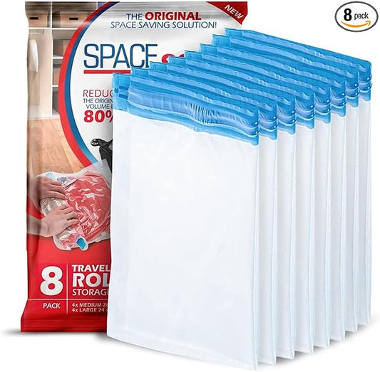 Spacesaver Roll Up Vacuum Storage Bags for Jackets, Suits, Dresses & Clothes – Sealed Compression Bags with Hand Pump – Space Saver Bags for Moving, Travel & Organization - Pack of 8