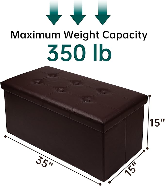 30 Inches Folding Storage Ottoman Bench, Faux Leather Footrest Ottoman, Storage Trunk Footrest for Bedroom, Living Room and Hallway, Support 350lbs, Brown Brown line
