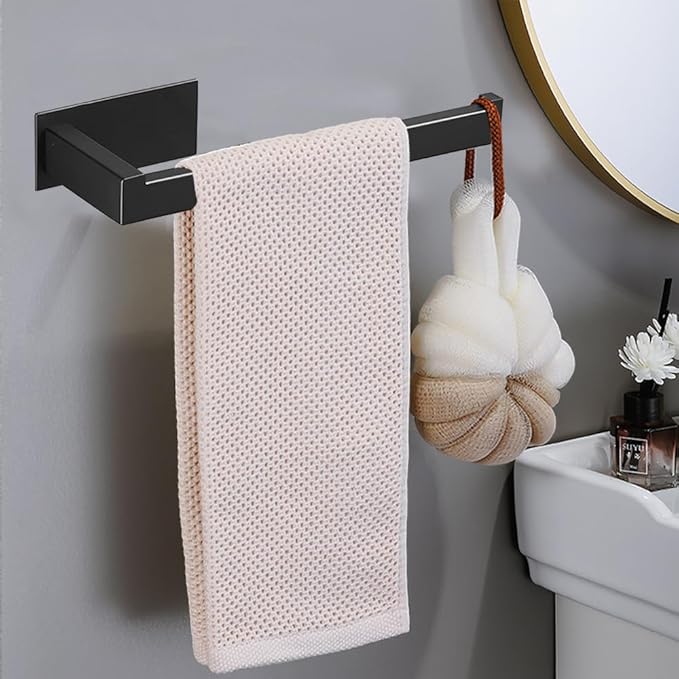Hand Towel Holder, Strong Self Adhesive Hand Towel Ring, Thicken SUS304 Stainless Steel Hand Towel Bar/Rack, No Drilling Modern Hand Towel Hanger (Matte Black, 9 in)