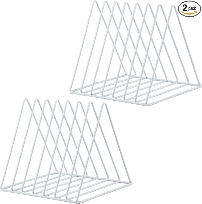 COSYAWN Triangle 7 Slot Vinyl Record Holder, Anti-Rust Metal Magazine Album Display Rack Desktop File Sorter Organizer, Paper Letter Newspaper Storage for Home Office, White 2 PACK