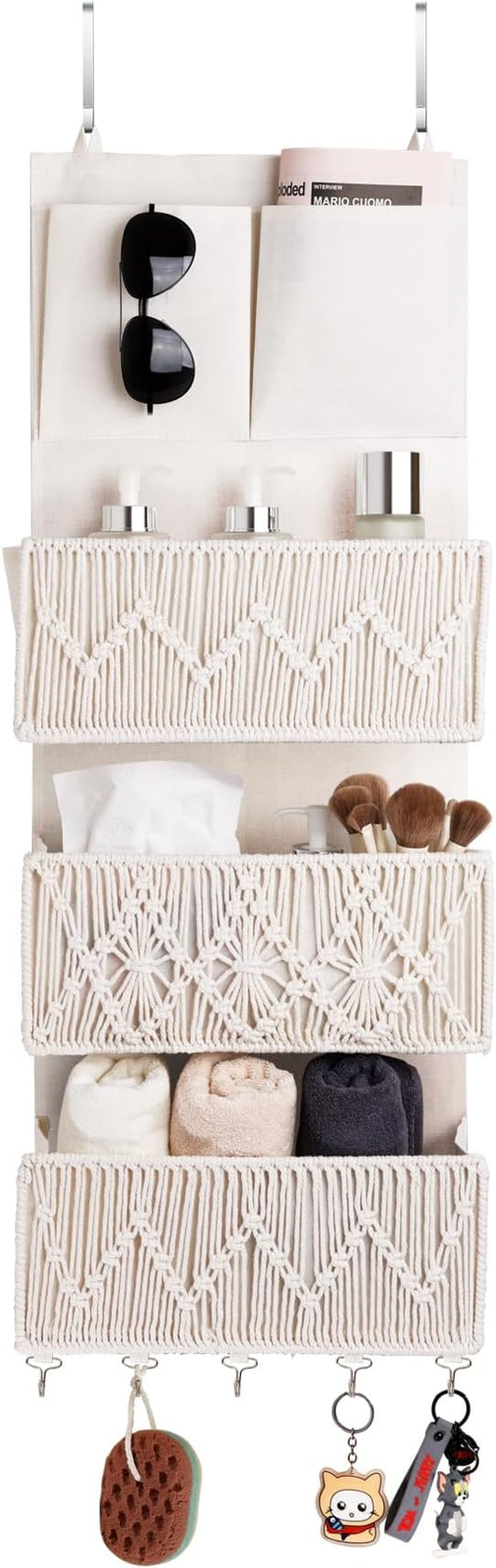 ANTIS'S HOME Over The Door Organizer Boho Bedroom Decor Nursery Storage with 3 Large Woven Pockets, Macrame Nursery Organizers and Toys Storage, Behind Door for Bathroom, Beige Back of Door Organizer-NeatNest