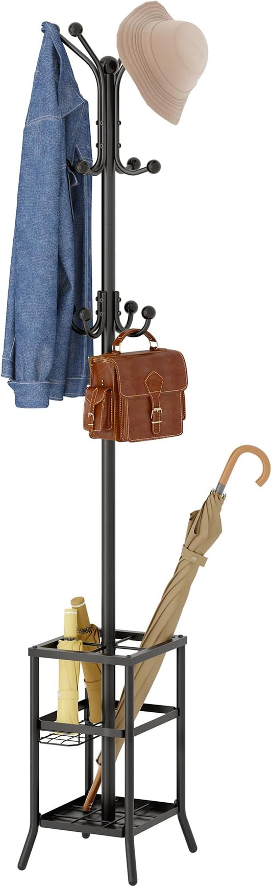 FAVOOSTY Coat Rack Freestanding,Coat Rack Stand with Umbrella Holder,Metal Coat Tree with 12 Hooks,Tree Clothes Hat for Entryway, Hallway, Bedroom, Living Room & Office -Black-NeatNest