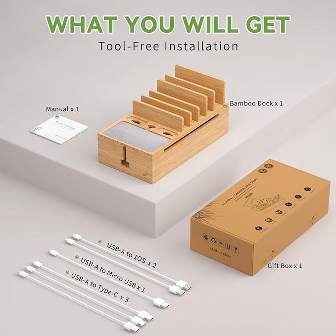 Pezin & Hulin Bamboo Charging Stand Rack, Wooden Charge Box for Mobile Phones, Tablets, Smart Watch and Earbuds, Wire Cable Organizer Box, Bedside Dock Stand Holder (NO Power Adapter Supply) -Natural