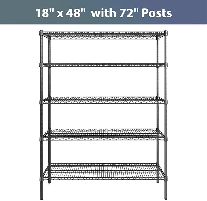 18" x 48" NSF Black Epoxy 5-Shelf Kit with 72" Posts, Commercial Storage Rack Unit, Heavy Duty Storage Shelving, Wire Shelving Kit, Adjustable Rack Strong Steel, Multipurpose Wire Shelf