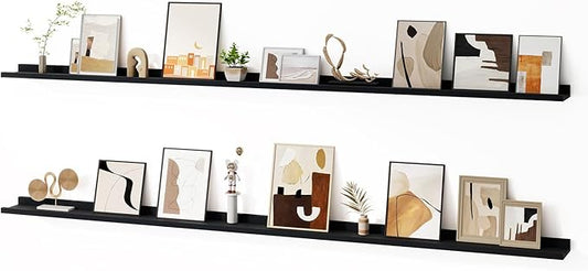 Floating Picture Ledge Shelves for Wall Set of 2, 84 Inches Picture Ledge Shelf with Long Large Nursery Book Shelf for Toys Storage Kids Bookshelf Wall Mounted Living Room Bedroom Decor Frames, Black-NeatNest