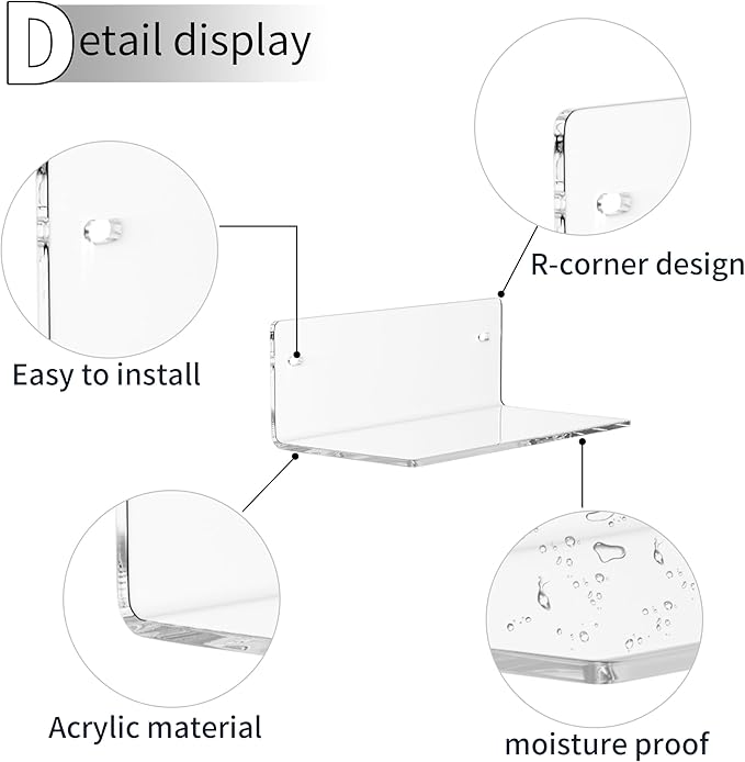 8 Inch Clear Shelf for Wall, Acrylic Small Floating Shelf, Home Wall Shelf Organizer for Room Storage, Room Décor, Space Saving, 4'' Depth, 2 Pack-NeatNest