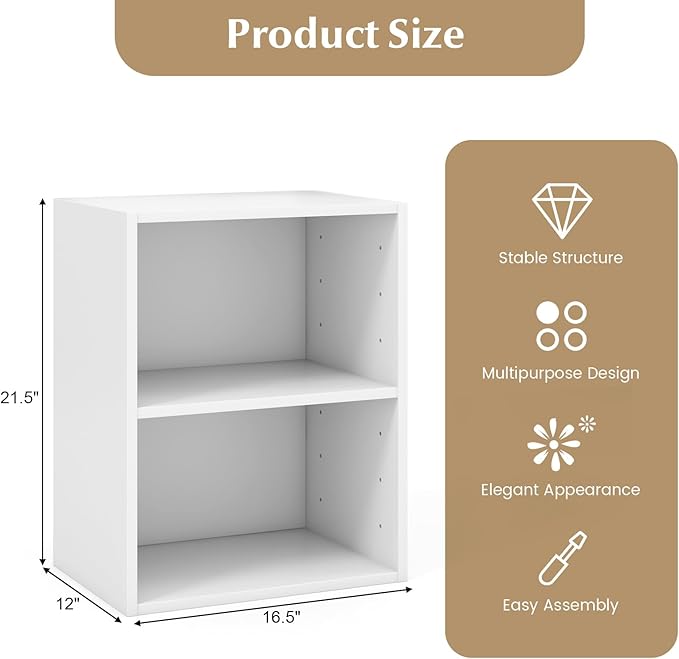 Giantex Bookshelf and Bookcase Set of 2, 2-Layer White Storage Shelf W/Large-Capacity Open Storage Space for Living Room Bedroom Study Office Multi-Functional Furniture Display Cabinet
