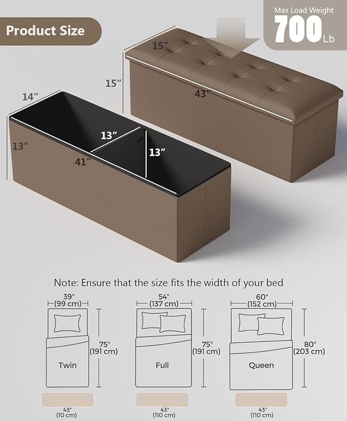Folding Storage Ottoman Bench, Multi-Functional Ottoman Footrest, End of Bed Bench, Storage Chest for Living Room, Bedroom, Hallway, Entryway, Holds Up to 700 lbs (Brown, 43 Inches)