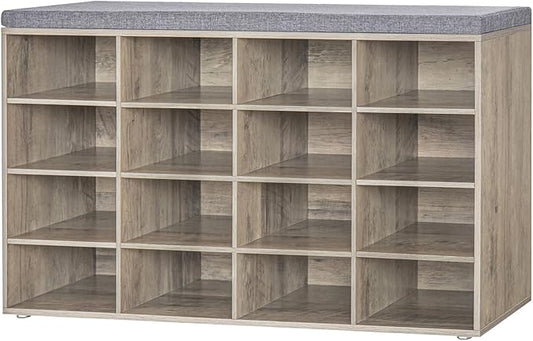 DINZI LVJ Shoe Storage Bench with Cushion, 16-Cubby Shoe Rack, Adjustable Shelves, Multifunctional Shoe Organizer Bench for Entryway, Mudroom, Hallway, Living Room, Bedroom and Garage, Greige-NeatNest