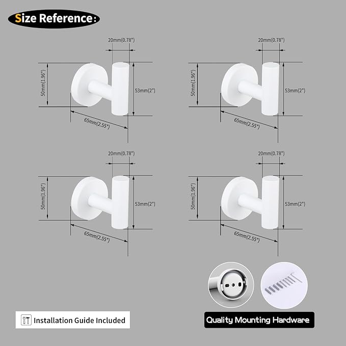 GERZWY Stainless Steel Towel Hook Wall Mounted Robe Coat Hook Heavy Duty Luxury Hooks for Bathroom Hotel 4 Pack, White