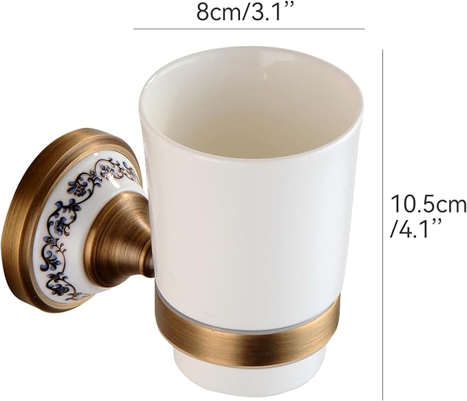 Antique Bronze Brass Toothbrush Holder Cup Holder with White Ceramic Tumbler, Wall Mounted Bathroom Hardware Accessories,Porcelain Design