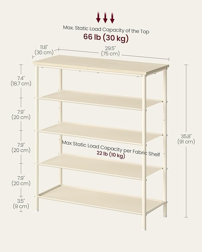 VASAGLE Shoe Rack, 5-Tier Shoe Storage Organizer for Entryway and Closet, Holds 12-16 Pairs of Shoes, 4 Fabric Shelves, Steel Frame, Modern, Natural Beige and Pearl White ULBS036K01-NeatNest