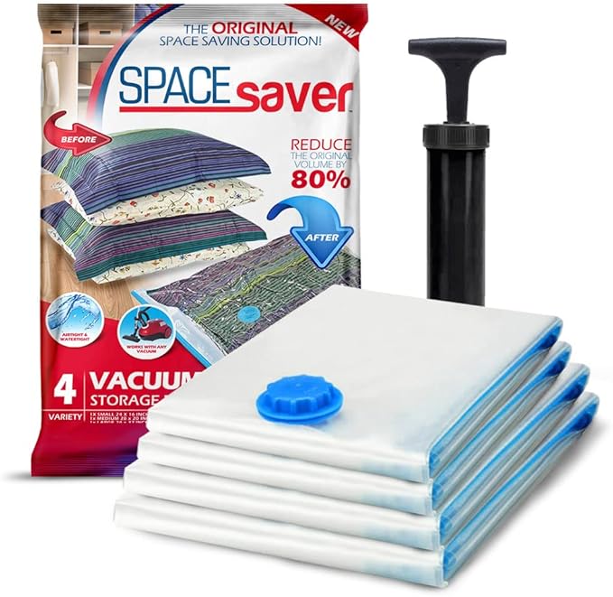 4 Pack Variety Vacuum Storage Bags for Comforters, Blankets & Clothes – Vacuum Sealed Compression Bags with Hand Pump – Space Saver Storage Bags for Bedding, Moving, Travel & Organization (2L & 2XL)-NeatNest