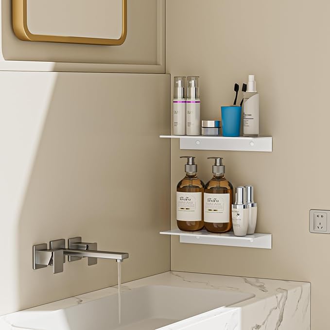 Metal Floating Shelf 2-Piece Set - Rust-Resistant Aluminum Wall Shelves - No Drill Wall Mounted Shower Caddy, Ideal for Display & Storage in Any Room (11.8", White)-NeatNest
