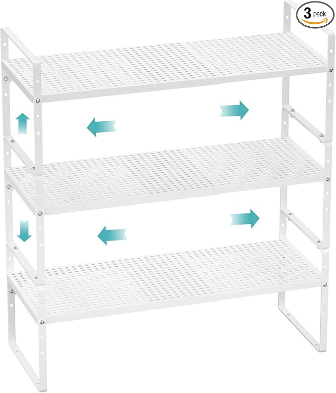 Cabinet Organizer Shelves,3 Pack of Expandable Spice Racks,Space Saving Storage Shelves for Kitchen,Pantry,Bathroom, Bedroom, Under Sink,Office,Table Surfaces & Counter,White Modern Style-NeatNest